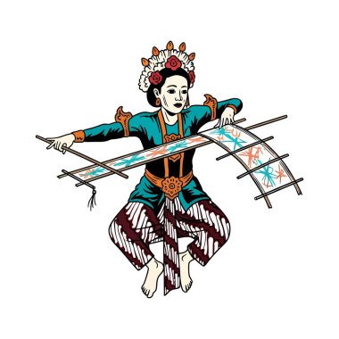 A woman, wearing a teal top, maroon and white patterned pants, and a floral headdress, sits cross-legged, skillfully weaving a vibrant textile on a wooden loom.