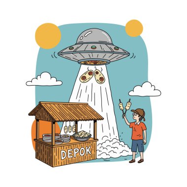 Kırmızı tişörtlü ve şapkalı bir çocuk ahşap bir yemek standında duruyor, elinde bir UFO 'nun benzer yiyecekleri aşağıya ışınlaması gibi bir yemek şişini tutuyor..