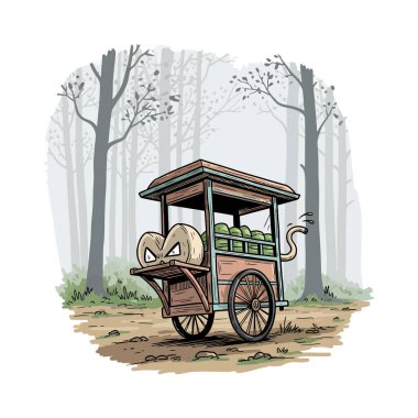 Tahta yemek arabası, yeşil şeylerle dolu, ve tepesinde kızgın görünümlü bir somun ekmek, bir ormanda hareket.