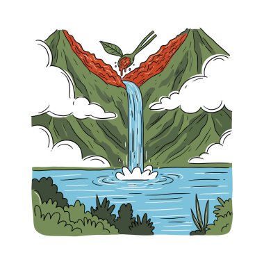 Dağlardan bir göle, bulutlar ve bitkilerle çağlayan bir şelalenin karikatür çizimi..