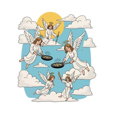 Halios ve kanatlı çizgi film melekleri, sarı bir güneşin altında, spatula ve sopa kullanarak, bulutların üzerinde krep pişiriyorlar..