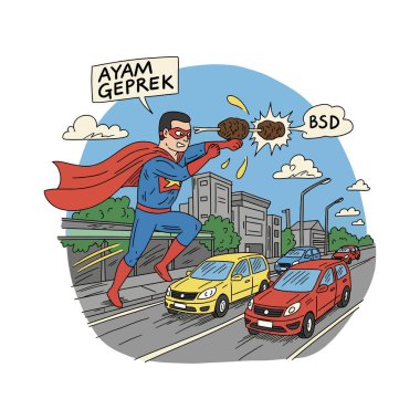 Kırmızı pelerinli, mavi elbiseli bir süper kahraman güçlü bir şekilde kahverengi bir Ayam Geprek fırlatır..