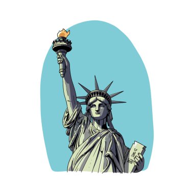 Özgürlük Anıtı 'nın renkli bir karikatürü, elinde bir tablet var..