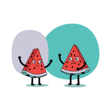 İki antropomorfik karpuz dilimi, biri mutlu diğeri hüzünlü, renkli bir arkaplanda karikatür özellikleri ve uzuvlarla tasvir edilmiş..