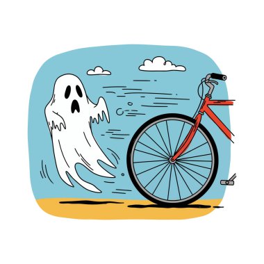 Mavi bir gökyüzünün altında kırmızı bir bisikletin ön tekerleğinin peşinde koşan, şaşırmış bir yüze sahip klasik beyaz bir hayaletin garip bir çizgi film çizimi..