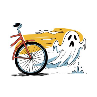 Kırmızı ve mavi bir bisiklete binen beyaz bir hayaletin çizgi film görüntüsü, hareket çizgileri olan sarı bir zemin üzerine kurulmuş..