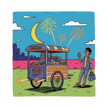 Havai fişeklerle dolu canlı bir Bakso arabası, telefonuyla fotoğraf çeken bir adam. Araba yiyecekle dolu ve çizgili tentesi var..