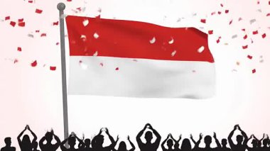 Aşağıda tezahürat yapan bir kalabalığın olduğu Endonezya bayrağı. Kırmızı ve beyaz konfeti düşüyor. Siluetli figürler kutlama yapıyor. Vatansever sahne.