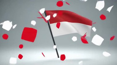 Endonezya bayrağı gri bir arkaplanda dalgalanıyor, dalgalı kırmızı ve beyaz şekillerle çevrili. Ulusal gurur ve kutlamanın soyut temsili.