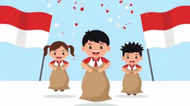 Arka planda Endonezya bayraklarıyla çuval yarışı yapan üç çocuk. Konfeti yukarıdan düşer. Çocuklar gülümsüyor ve mutlu..