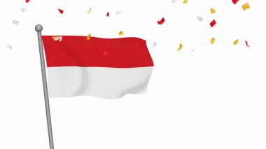 Renkli konfeti düşerken bayrak direğinde dalgalanan canlı kırmızı ve beyaz bir ulusal bayrak şenlikli ve vatansever bir kutlama arka planı oluşturuyor..