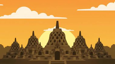 Antik bir Budist tapınak kompleksinin sakin bir göstergesi, birden fazla stupa ile, canlı bir altın gün batımı gökyüzüne ve yumuşak bulutlara karşı siluet. Seyahat veya ruhsal içerik için ideal.