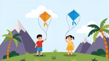 Güneşli bir günün tadını çıkaran iki çocuk, palmiye ağaçlarıyla dolu manzaralı bir dağda uçurtma uçuruyorlar..