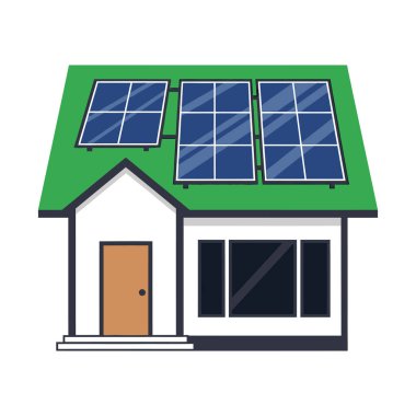 Yeşil çatıda güneş panelleri olan bir evin karikatür çizimi, basit tasarım, açık bej dış görünüş.