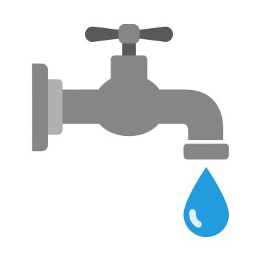 Gri bir musluğun düz tasarım çizimi. Ağızdan tek bir mavi su damlası düşüyor..