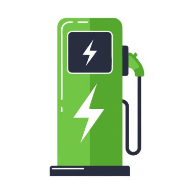 Elektrikli araba şarjı için şarj kablosu ve konnektörü olan, yıldırım sembollü yeşil bir elektrikli araç şarj istasyonu..