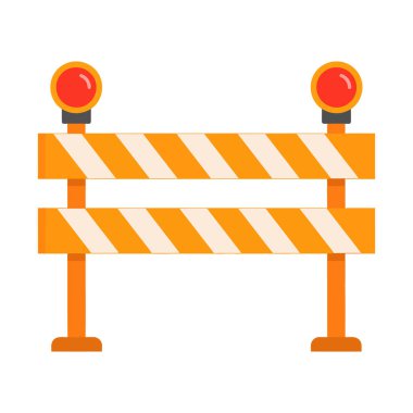 Turuncu ve beyaz köşegen şeritli bir trafik bariyerinin düz vektör çizimi. Güvenlik için iki bacağı ve iki yuvarlak uyarı ışığı var..
