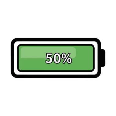 Yeşil dolgu ile% 50 şarj seviyesi gösteren bir pil simgesinin stilize bir çizimi.