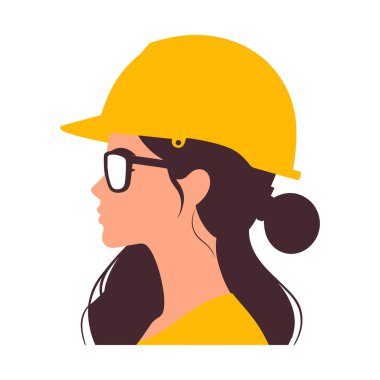 Siyah saçlı, sarı şapka ve gözlük takan bir kadının yan profil çizimi. Sarı bir bluz giyiyor..