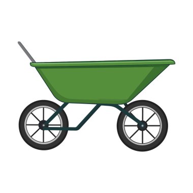 İki tekerli yeşil bahçe arabası, koyu yeşil bir çerçeve ve yandan gösterilen tek kollu bir çizgi film çizimi..