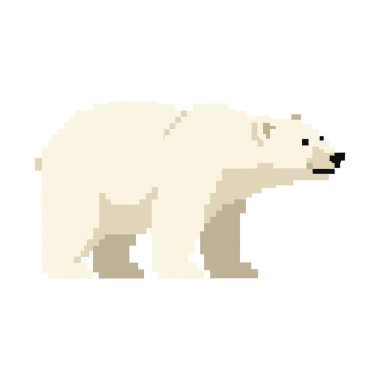 Yan profilde gösterilen bir kutup ayısının pikselli resim çizimi. Ayı, siyah bir burun ve ağızla beyaz ve bej tonlarında yapılır..