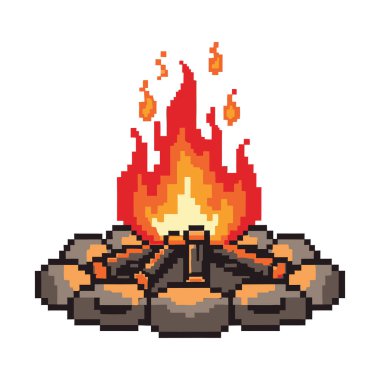 Kamp ateşinin pikselli bir çizimi. Ateş kırmızı ve turuncu alevlerden oluşur, etrafında yanan kütükler ve taşlar vardır..