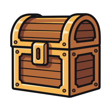 Ahşap bir hazine sandığının, altın çerçeveli, kıvrımlı bir kapağı ve bir mandalın çizgi film çizimi. Sandıkta görünür ahşap tahıl var..