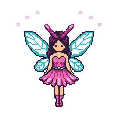 Pembe elbiseli, turkuaz kanatlı ve antenli sevimli bir peri..