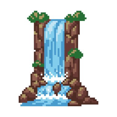 Pikselleştirilmiş bir şelale kayalık kayalıkların üzerinden akar ve kenarlarında yemyeşil bir bitki örtüsü vardır..