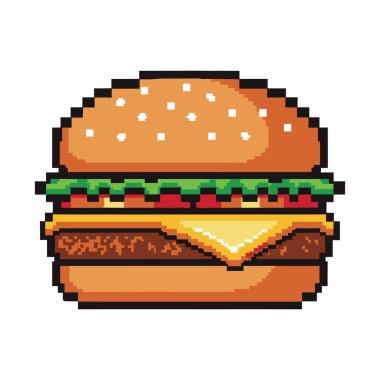 Hamburgerin detaylı pikselleştirilmiş bir resmi, köfte, erimiş peynir, marul ve domatesli susamlı çörek. Retro 8-bit grafik tasarım ögesi.