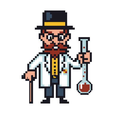 Uzun sakallı, silindir şapkalı, uzun sakallı, laboratuvar önlüklü, elinde matarası ve bastonu olan pikselci bilim adamı..