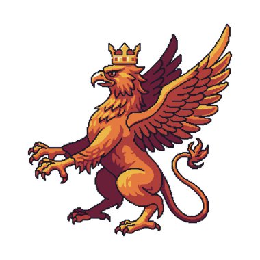 Kraliyet Griffin 'inin pikseli sanatı. Efsanevi yaratığın bir kartal kafası, bir aslan gövdesi, büyük kanatları ve altın bir tacı vardır. İzole tasarım.