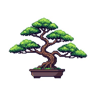 Yeşil yapraklı ve kahverengi, bükülmüş gövdeli bir bonsai ağacının kahverengi dikdörtgen bir tencereye dikilmiş pikseli çizimi..