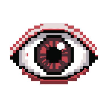 Bir gözün piksel sanat temsili, kırmızı bir göz ve çevreleyen detaylar. Göz, pikselleştirilmiş bir şekilde yapılır..