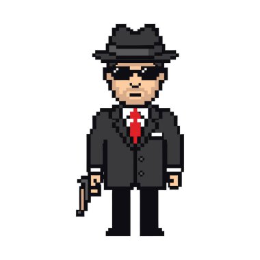 Gangster ya da kiralık katilin siyah takım elbise, kırmızı kravat, fötr şapka ve güneş gözlüğü takan ve elinde silah tutan 8 parçalık bir resim karakteri..