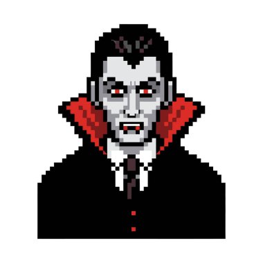 Açık tenli, koyu renk saçlı, kırmızı gözlü, siyah takım elbiseli ve kırmızı çizgili pelerinli klasik bir vampirin ayrıntılı pikselleri..