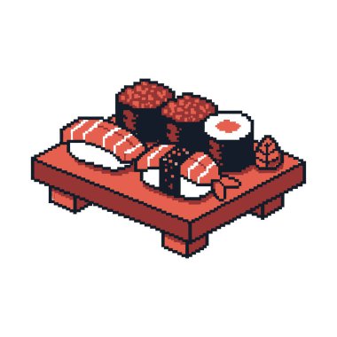 Nigiri, maki ve gunkan gibi Japon suşi çeşitlerinin canlı pikselleri, kırmızı-kahverengi ahşap bir tahtanın üzerinde hizmet vermekteydi..