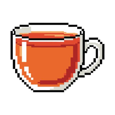 Portakal suyuyla doldurulmuş bir fincanın pikselsel çizimi, muhtemelen çay. Fincanın sapı ve beyaz bir çizgisi var..