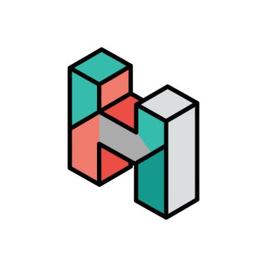 Isometric 3D H harfi logo simgesi. Renkli bloklardan oluşan soyut geometrik şekil. Markalaşma, teknoloji veya yaratıcı kavramlar için modern tasarım.