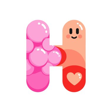 Gülen bir yüz, kalp ve kabarcık dokularının canlı pembe ve şeftali tonlarında olduğu H harfinin büyüleyici ve eğlenceli bir çizgi film çizimi..