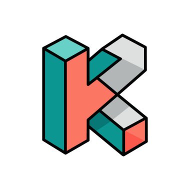 Üç boyutlu blok efektli renkli izometrik K simgesi. Beyaz zemin üzerinde izole edilmiş, deniz mavisi, mercan ve gri renklere sahip modern geometrik tasarım.