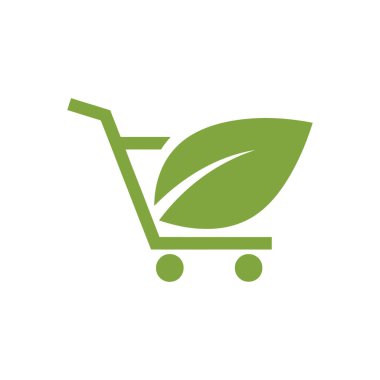 Yeşil alışveriş arabası simgesi, sürdürülebilir alışverişi sembolize eden bir yaprak..