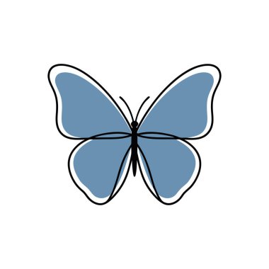 Mavi kanatlı ve siyah çizgili, beyaz arka planda izole edilmiş bir kelebeğin tasviri..