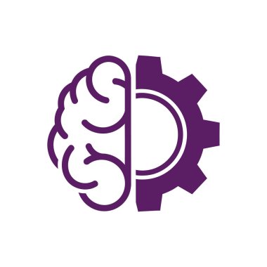 İnsan beyninin ana hatlarını katı bir teçhizatla birleştiren mor bir ikon, düşünce ve mekanik sürecin birleşimini sembolize ediyor..