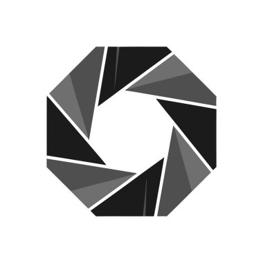 Gri ve beyazın değişik tonlarında yapılmış kamera merceği diyaframına benzeyen stilize edilmiş bir sekizgen açıklık..