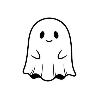 Basit bir hayalet çizimi. Hayalet, siyah çizgileri, iki gözü, gülümseyen bir ağzı ve iki kolu olan beyazdır..
