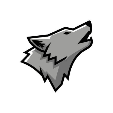 Sitilleşmiş gri kurt başı uluyan vektör illüstrasyonu keskin hatları ve koyu siyah çizgileri, maskot, logo veya amblem tasarımı için ideal..