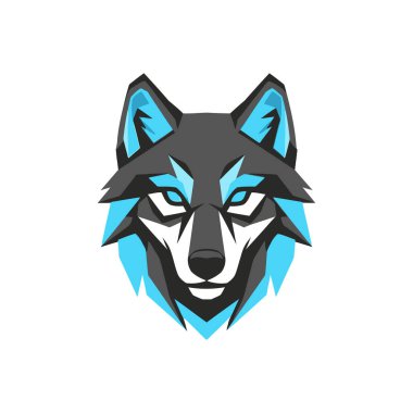 Siyah, gri ve mavi aksanlı geometrik tasarımı olan stilize bir kurt kafası logosu. Kurdun delici mavi gözleri ve sadeleştirilmiş modern estetiği vardır..