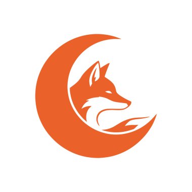 Bir turuncu tilki silueti hilal şeklindeki bir ay şeklinde yuvalanmıştır. Tasarım minimalist ve temiz, tilkinin profiline odaklı..