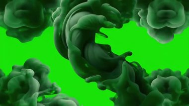 Koyu yeşil mürekkep kıvrımlı ve canlı yeşil ekran arka planına doğru akan büyüleyici bir video. Akışkan dinamikler ve soyut sanat.